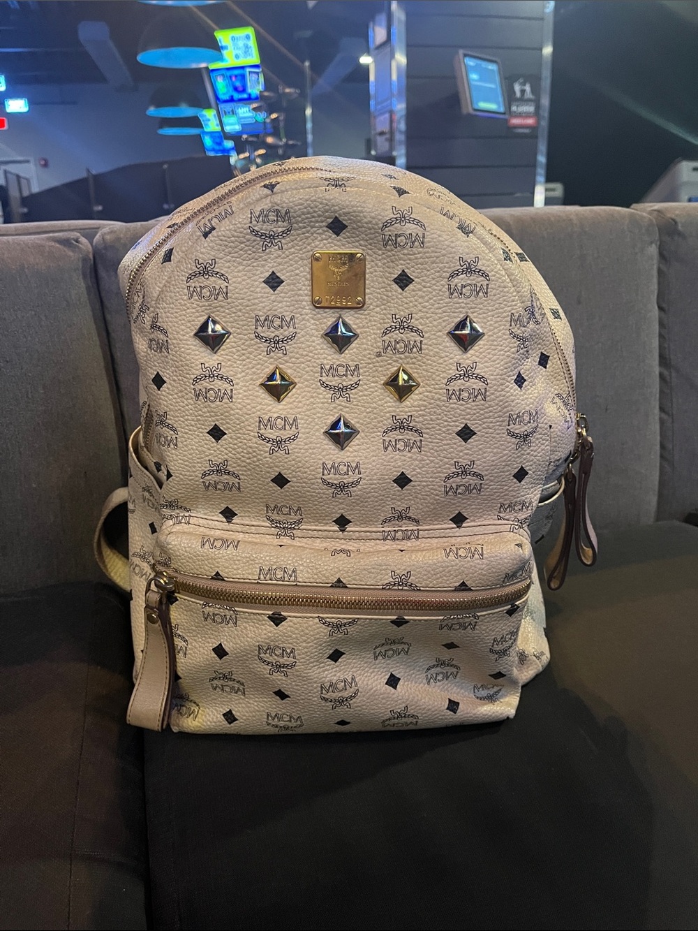 MCM White Visetos Logo Backpack with Gold-tone Studs